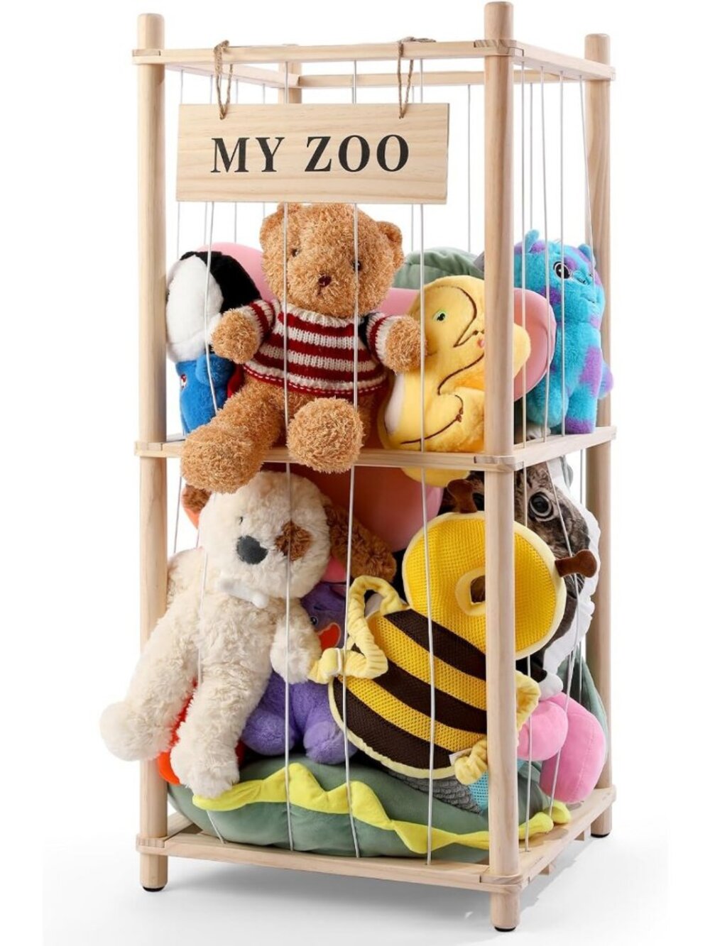 Wooden Stuffed Animal Storage Organizer with Elastic Cords - Space-Saving Plush